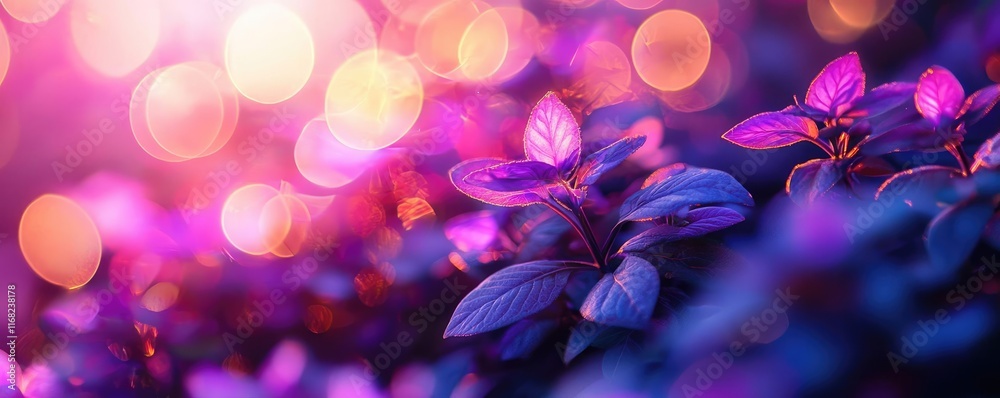 Poster Burst abstract background concept. A vibrant display of purple leaves shimmering in soft, glowing bokeh light.