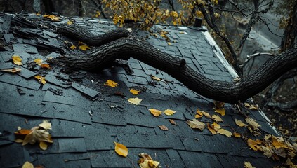 Fallen Branch on Damaged Roof: Autumn Aftermath
