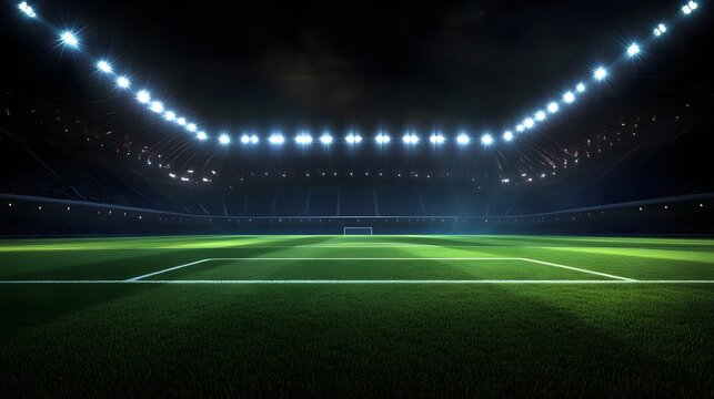 Universal grass stadium illuminated by spotlights and empty green grass playground, grand sport building digital 3D background advertisement background illustration
