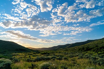 Scenic Landscape with Rolling Hills and Dramatic Cloudy Sky at Sunset