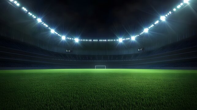 Universal grass stadium illuminated by spotlights and empty green grass playground, grand sport building digital 3D background advertisement background illustration