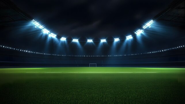 Universal grass stadium illuminated by spotlights and empty green grass playground, grand sport building digital 3D background advertisement background illustration