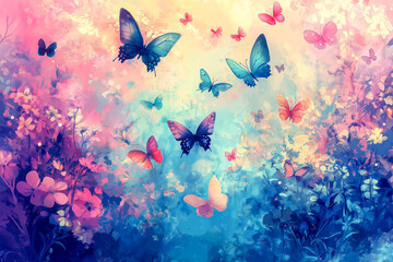 Obraz premium Background with flying butterflies on a beautiful Rainbow background
