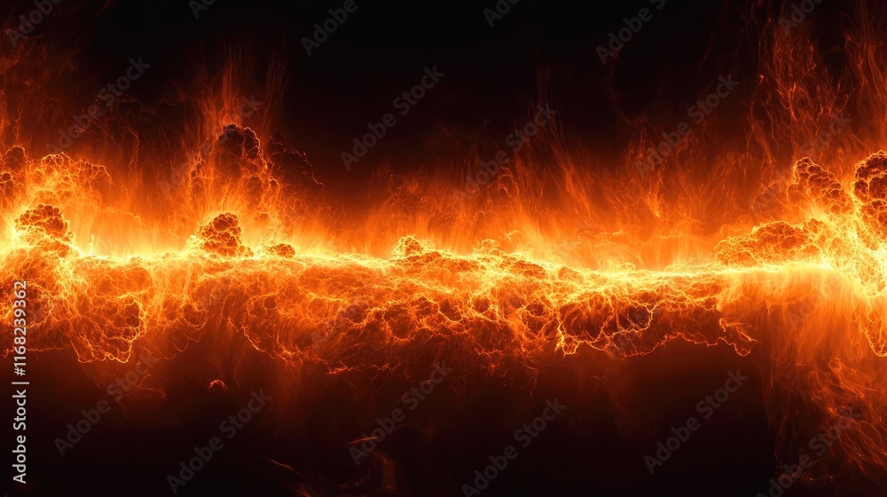 Poster Burst abstract background concept. Dynamic flames erupting in an intense fiery display on a dark backdrop.