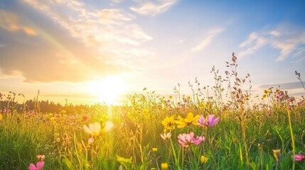 Fototapeta premium Vibrant Wildflower Field Under Bright Sunrise Sky with Soft Clouds and Sunshine