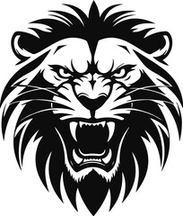 Wild roaring lion king head tattoo set. Front and side view predator face, lions heads black and white ink sketch silhouettes