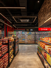Fototapeta premium Modern convenience store interior with shelves stocked with snacks and drinks.