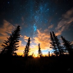 A dark sky with a few trees in the foreground