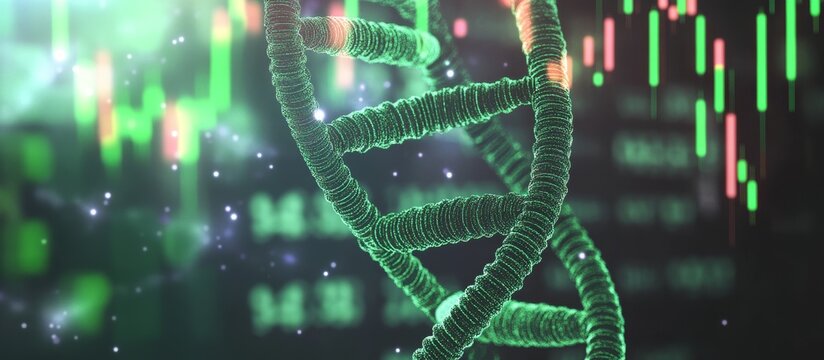 DNA strand against a stock market background. - Powered by Adobe