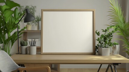 Modern Home Office Desk Mockup Blank Square Frame Plants and Stylish Desk Lamp