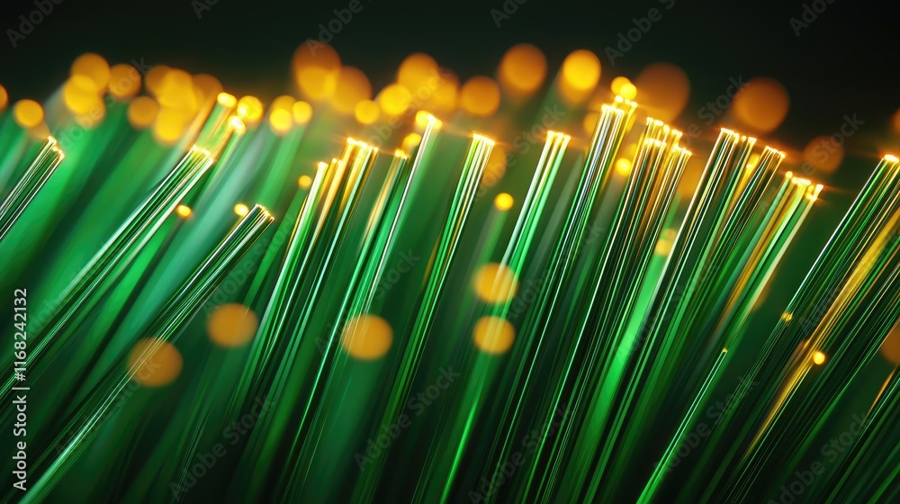 Poster burst abstract background concept. vibrant green strands illuminated by soft orange lights in a digi