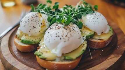 A plate of avocado toast topped with poached eggs and microgreens, served on a wooden board.