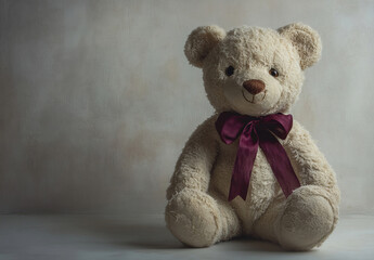 Obraz premium A teddy bear with a burgundy ribbon sits gracefully. Its plush charm suits gift packaging or cute product visuals.