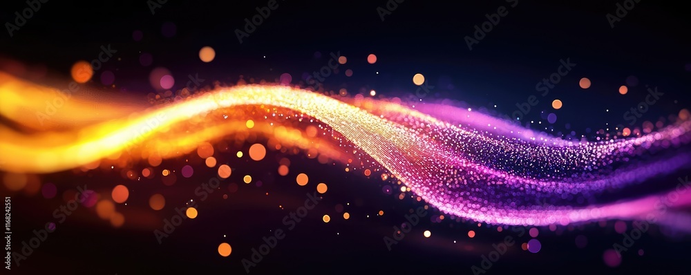 Poster galaxy abstract background concept. a vibrant abstract wave with glowing particles in purple and ora