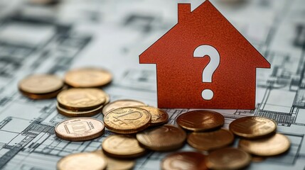 Red House Silhouette with Question Mark and Coins on Blueprint Background