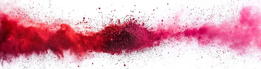 Fototapeta premium A dynamic red powder explosion against a white background, creating a vibrant splash effect. This design conveys energy and celebration, ideal for festive or creative concepts like Holi festivals.