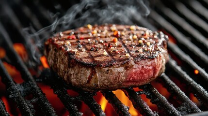 Juicy steak cooking on hot grill with smoke.