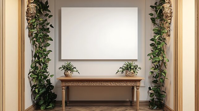 Elegant Interior Design Mockup Blank Canvas Above Ornate Console Table with Plants