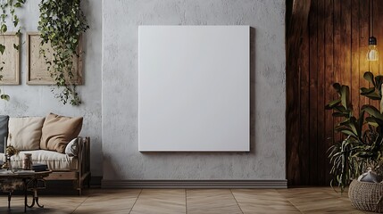 Modern Rustic Living Room Interior with Blank Canvas Mockup Plants and Wooden Accents