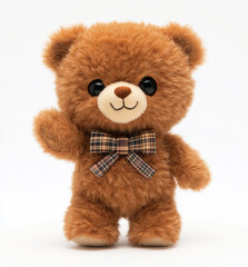 Fototapeta premium A teddy bear with a plaid bow waves cheerfully, its endearing design suited for children's products or playful concepts.