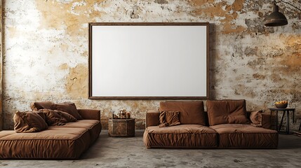 Large Blank Canvas Mockup in Rustic Loft Interior with Brown Modular Sofa