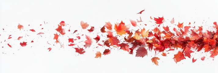 Red and orange autumn leaves blowing in the wind on white background.