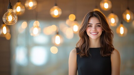 Fototapeta premium Professional businesswoman smiling in formal dress at a modern office portrait photography bright environment inspirational viewpoint confidence and success