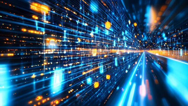 Dynamic image of a futuristic highway with glowing blue and orange data streams, surrounded by binary code in a dark background, symbolizing digital technology