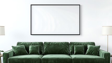 Elegant Green Velvet Sofa with Blank Frame Modern Living Room Interior Design Mockup
