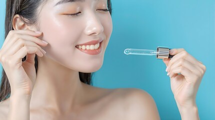 Obraz premium Radiant Asian Woman with Glass Skin Holding Skincare Serum Dropper, Hydrated Glow, Beauty, Cosmetic Product Promotion, Clear Complexion