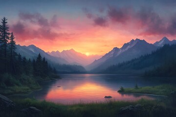 Sunset glow reflected in a calm mountain lake, surrounded by peaks 