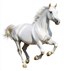 Obraz premium Majestic White Horse Galloping Gracefully with Mane Flowing in the Wind Against a Bright White Background