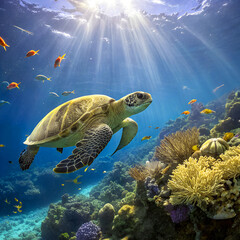 Fototapeta premium Majestic sea turtle gliding through sunlightlit coral reef ocean depths underwater wildlife