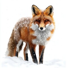 Obraz premium Realistic Fox Standing in Snowy Landscape with Snowflakes Falling Around It