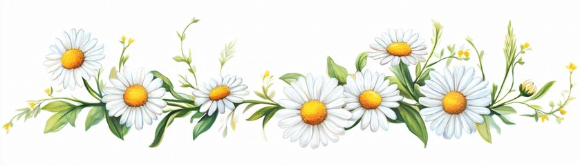 Fototapeta premium Horizontal Cascade of Petals Across Daisies on White Background
