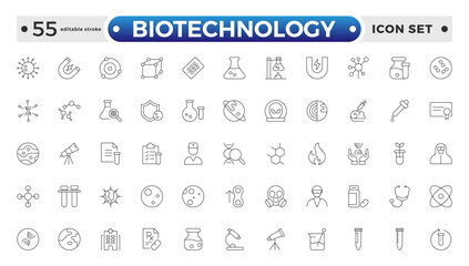 Set of outline icons related to biotechnology, biochemistry, farming, science. Lab and science line icon set. Laboratory equipment icons. Flask, microscope, syringe. Editable stroke outline icon.