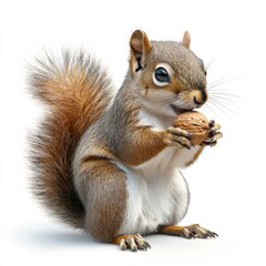 Adorable squirrel holding a walnut with fluffy tail and bright eyes in a clean white background, perfect for nature themes and wildlife projects