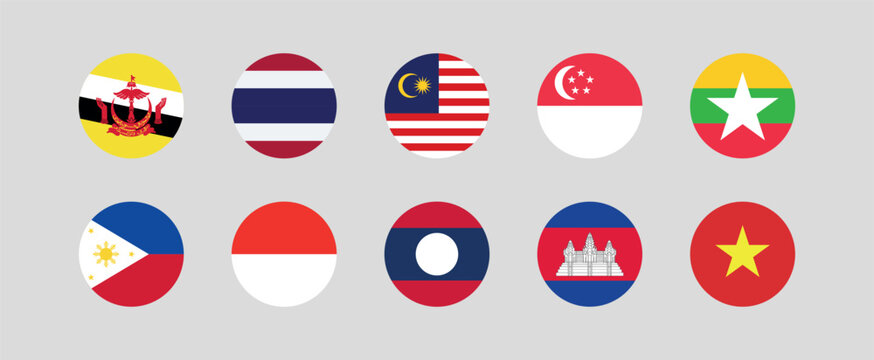 
Flag of All ASEAN member countries. ASEAN countries round flag Bundle.