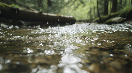 Fototapeta premium serene close up of raindrops creating ripples in forest stream