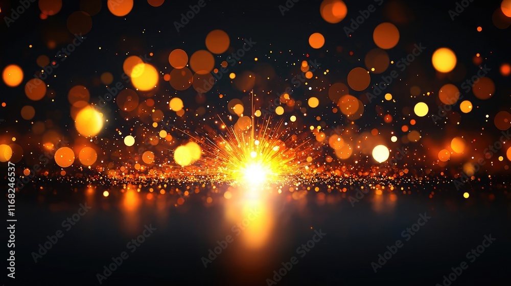 Poster burst abstract background concept. bright glowing orange particles shining against a dark background