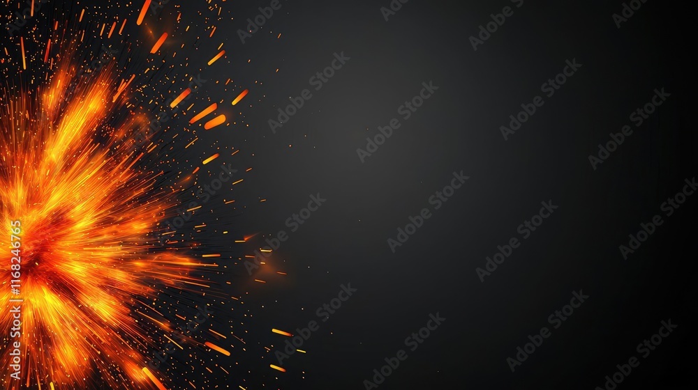 Poster Burst abstract background concept. Vivid explosion sparks lighting up a dark background for dynamic visual effects.