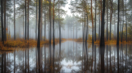 serene forest landscape with misty trees reflected in water