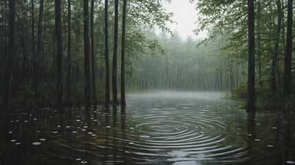 Obraz premium serene forest scene with rain creating ripples on water surface
