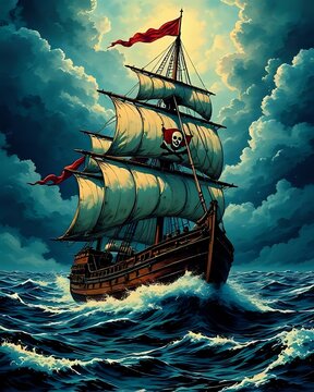 illustration d'un gros voilier qui flotte sur une mer agit&eacute;e 