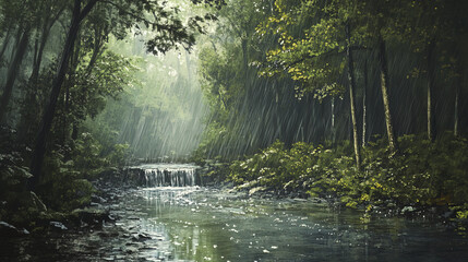 Obraz premium serene scene of rain falling on tranquil stream in lush forest