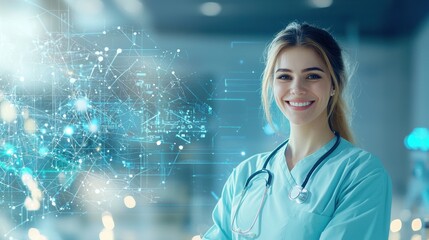 Smiling female doctor in scrubs surrounded by digital overlay modern hospital setting portrait photography bright environment optimistic concept