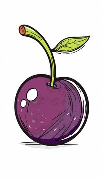 Naklejki A cartoon-style single plum with a textured purple skin, green stem and leaf. Ideal for food illustrations, stickers, or educational materials.