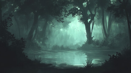 Obraz premium misty forest with serene lake, creating tranquil and mysterious atmosphere