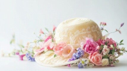 A straw hat decorated with pink flowers on a light background
