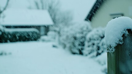 Snowfall in Residential Area with Fluffy White Snow Covering Garden and Fence Post